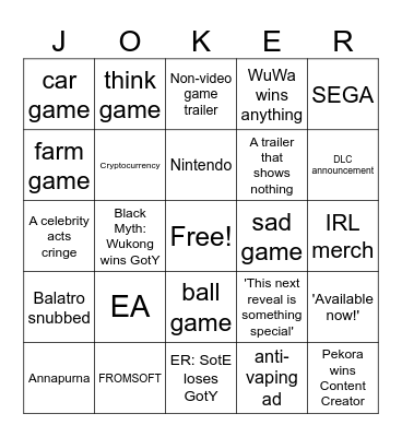 The 2024 Game Awards Bingo Card