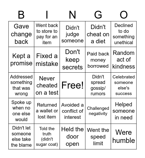 INTEGRITY BINGO Card