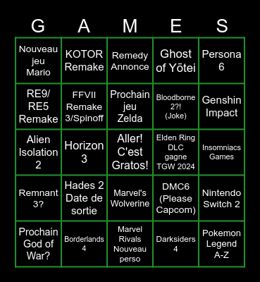 Game Awards 2024 Bingo Card