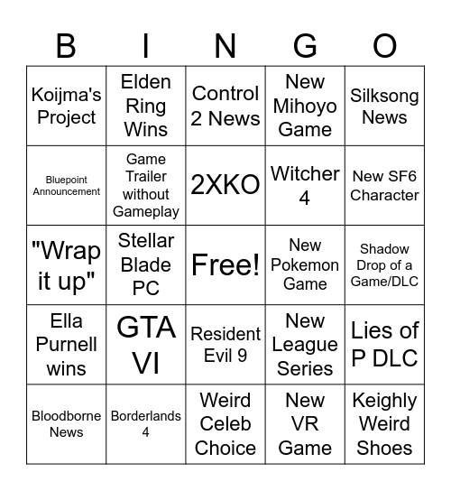 Game Awards Bingo Card