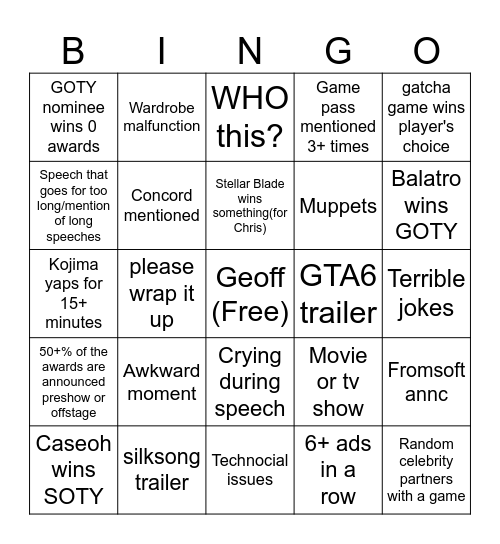 2024 Game Awards Bingo Card