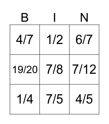 Fractions Bingo Card