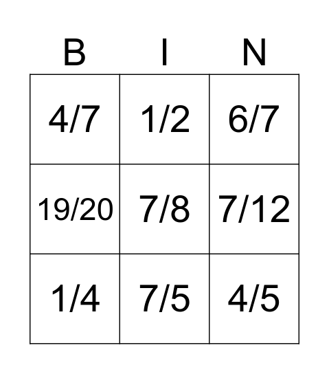 Fractions Bingo Card