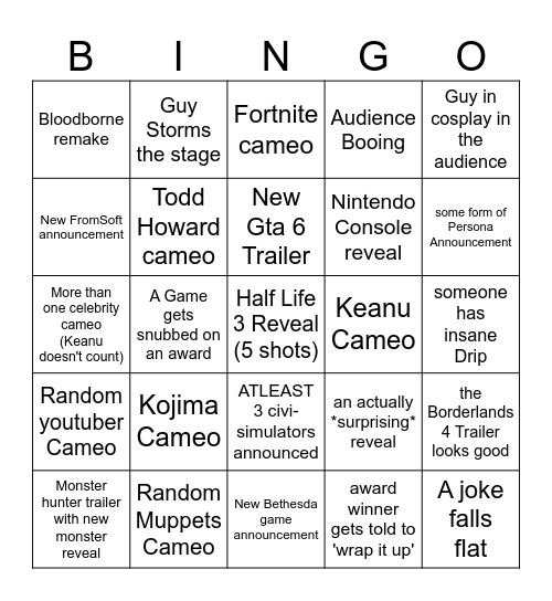 Geoff's Big Night Bingo Card