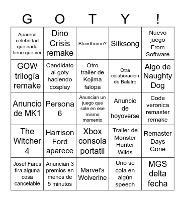 GOTY! 2024 Bingo Card