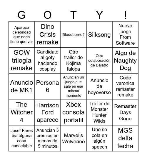 GOTY! 2024 Bingo Card