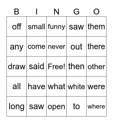 High Frequency Word BINGO Card