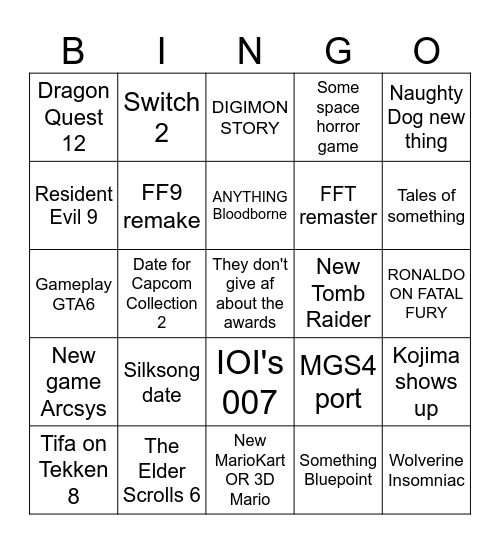 The Game Awards 2024 Bingo Card