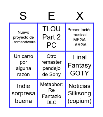 Bingo de los Game Awards Bingo Card
