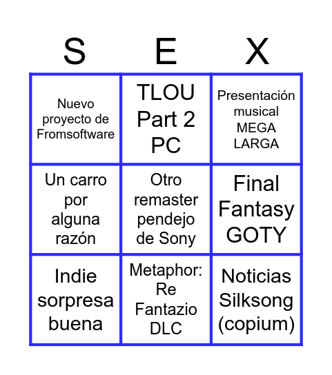 Bingo de los Game Awards Bingo Card