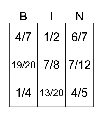 Fractions Bingo Card