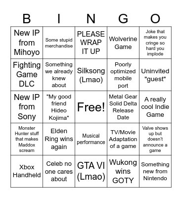 Game Awards 2024 Bingo Card