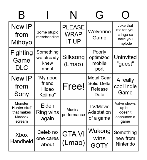 Game Awards 2024 Bingo Card