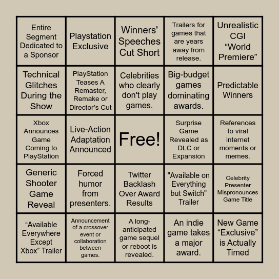 The Game Awards 2024 Bingo Card