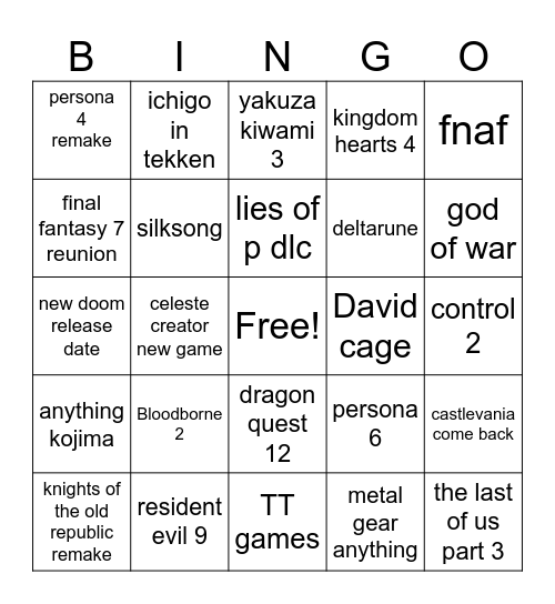 game awards Bingo Card