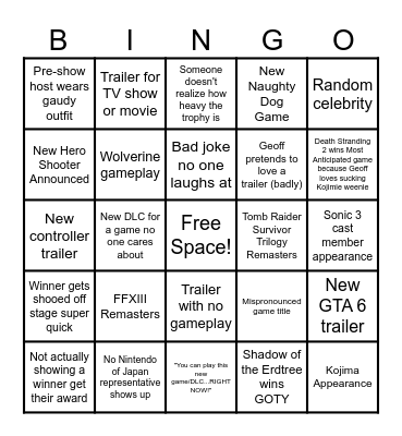 Game Awards 2024 Bingo Card