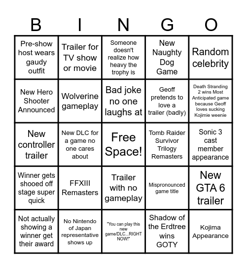 Game Awards 2024 Bingo Card