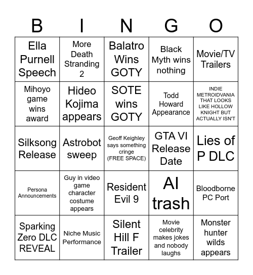 2024 Game Awards Bingo Card