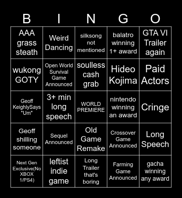 The Game Awards Bingo Card