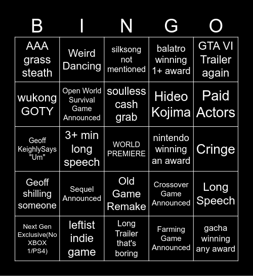 The Game Awards Bingo Card