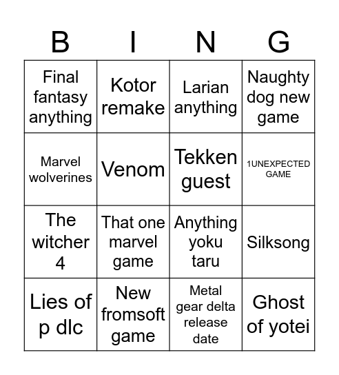 The game awards!! Bingo Card