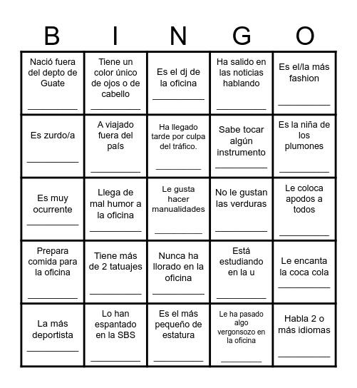 Bingo humano Bingo Card