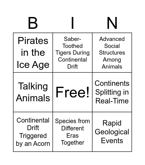 Ice Age Continental Drift Bingo Card