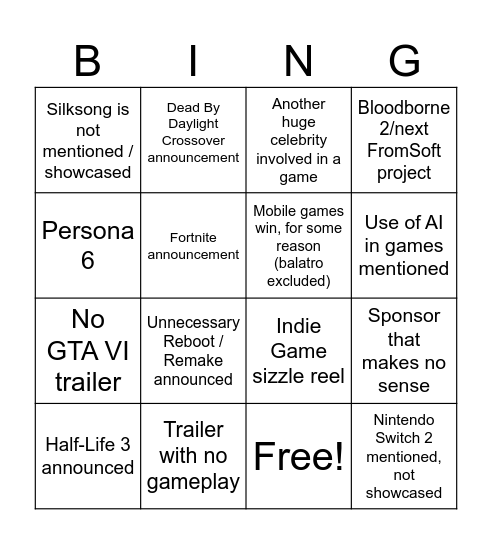 TGA 2024 Bingo Card