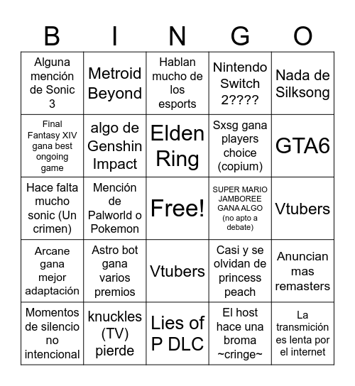 Game Awards 2024 Bingo Card