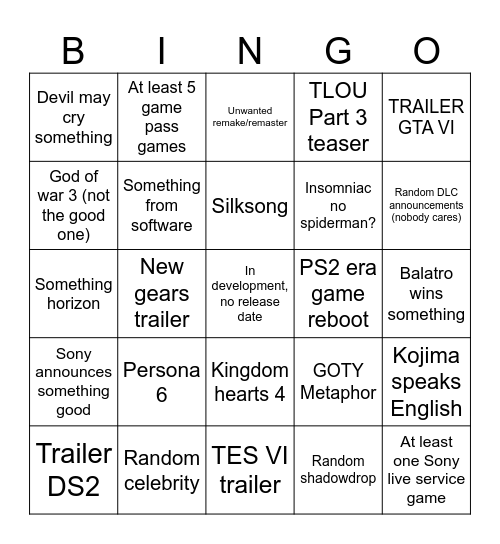 BINGO TGA 2024 Bingo Card