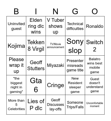 Game awards 2024 Bingo Card