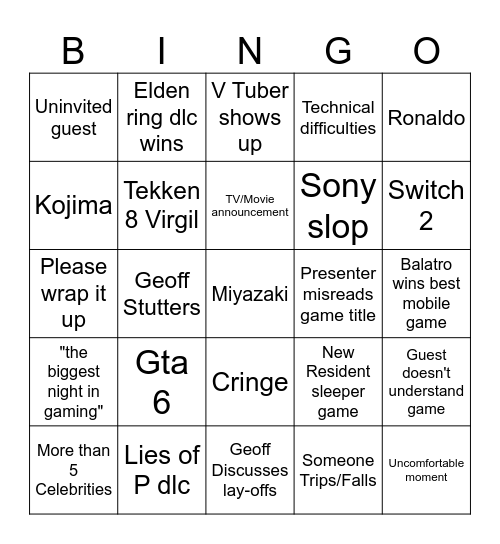 Game awards 2024 Bingo Card