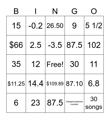 Rational #s Bingo Card
