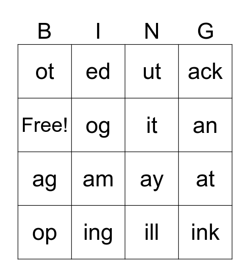 WORD FAMILY BINGO Card