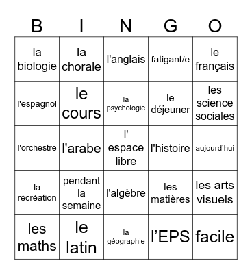 EC 1 Unité 2 CDO 1. Les Matières Bingo Card