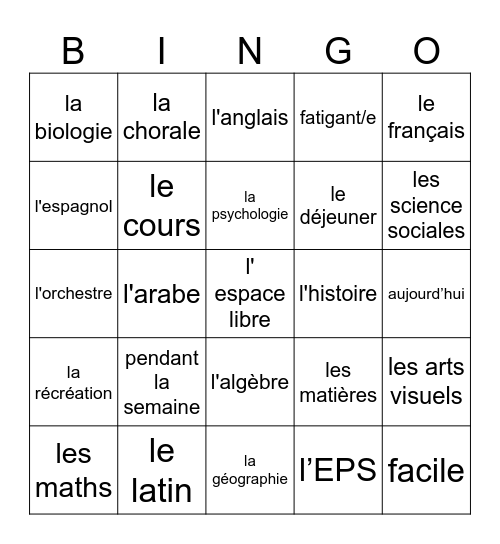 EC 1 Unité 2 CDO 1. Les Matières Bingo Card