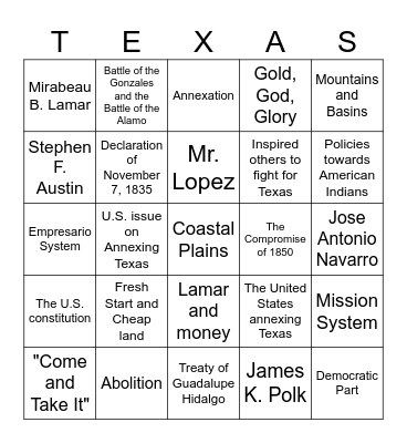 Texas History Fall Final: Loteria Bingo Card
