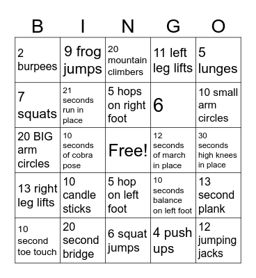 Fitness Bingo Card