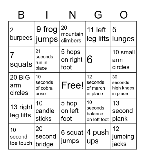 Fitness Bingo Card