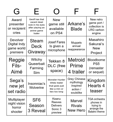 Alex’s TGAs Bingo Card