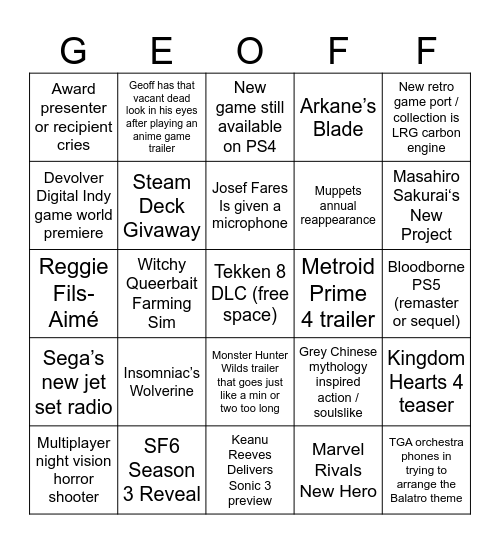 Alex’s TGAs Bingo Card