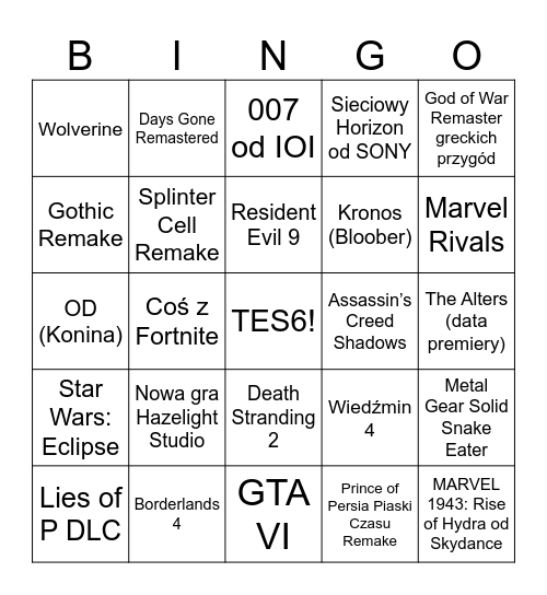 The Game Awards 2024 Bingo Card