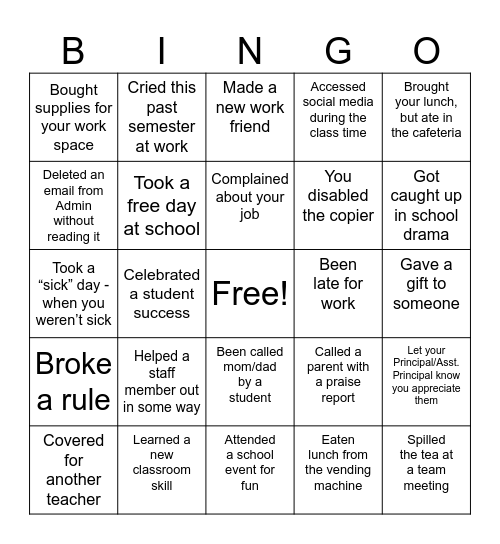 This past semester I have..... Bingo Card