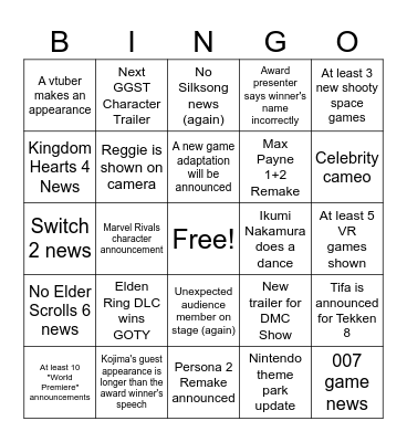 Game Awards 2024 Bingo Card