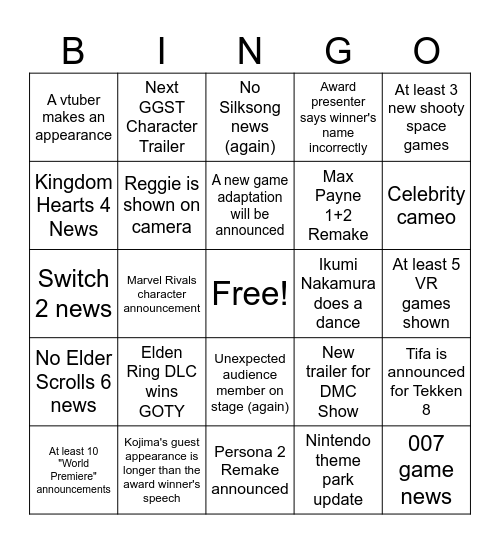 Game Awards 2024 Bingo Card