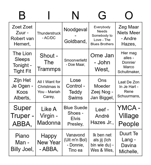 Muziekbingo Oudjaar 2024 Bingo Card