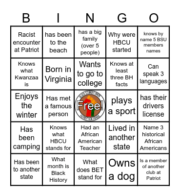 PHS Black Student Union Bingo Card