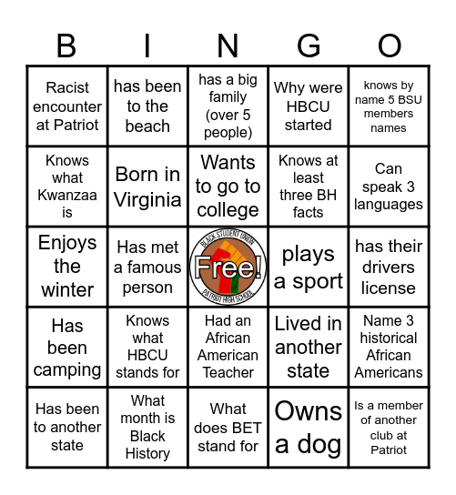 PHS Black Student Union Bingo Card