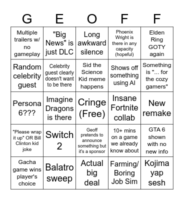 Game Awards Bingo Card