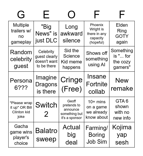 Game Awards Bingo Card